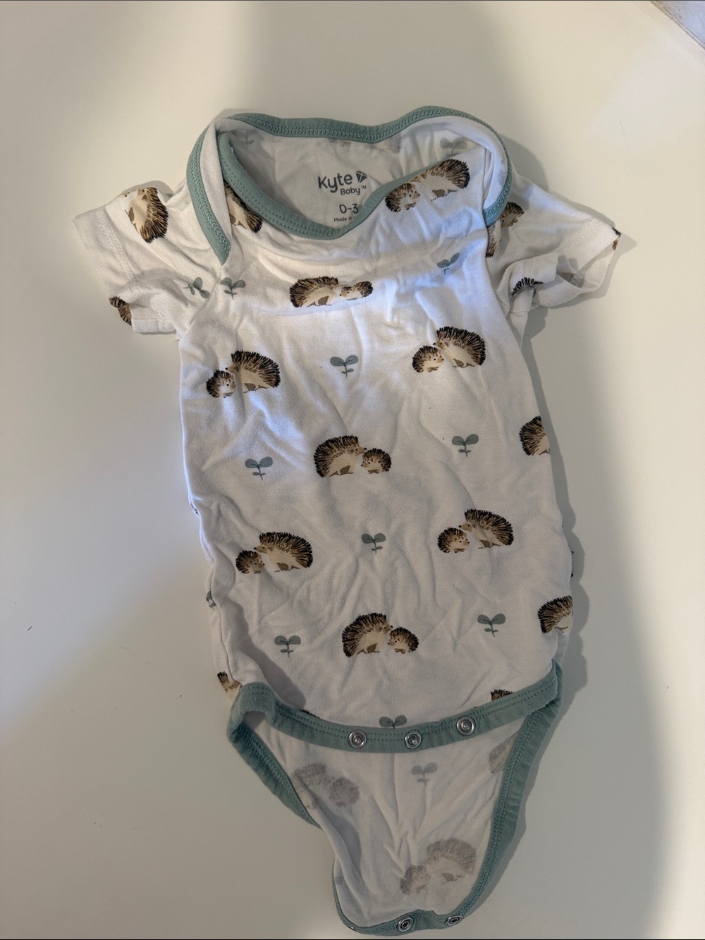 Kyte BABY White Hedgehog Print Bodysuit with Sage Trim